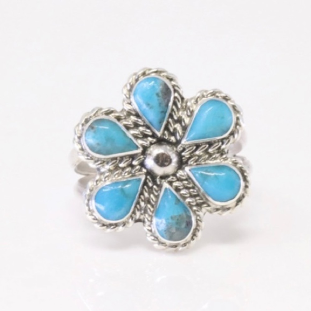 Native American Sterling Silver Turquoise Flower Ring MGD Mary Grace Design sz6